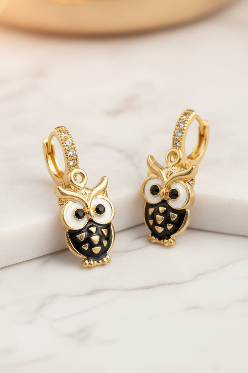 Gold Owl Charm Huggie Earrings